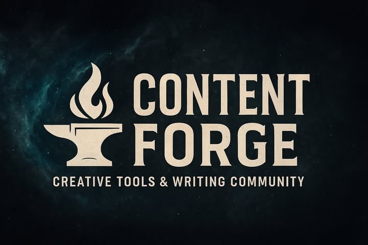 Logo for Content Forge featuring a stylized anvil with a flame above it beside bold text that reads “Content Forge — Creative Tools & Writing Community” on a dark textured background., The Content Forge emblem symbolizes creativity and craftsmanship — blending the spark of inspiration with the discipline of writing, A dark, atmospheric logo design for Content Forge, showing a bright anvil and flame icon next to strong serif lettering. The tagline, “Creative Tools & Writing Community,” represents Content Forge’s mission to help writers and creators shape their ideas into finished works through collaboration, smart tools, and inspiration.