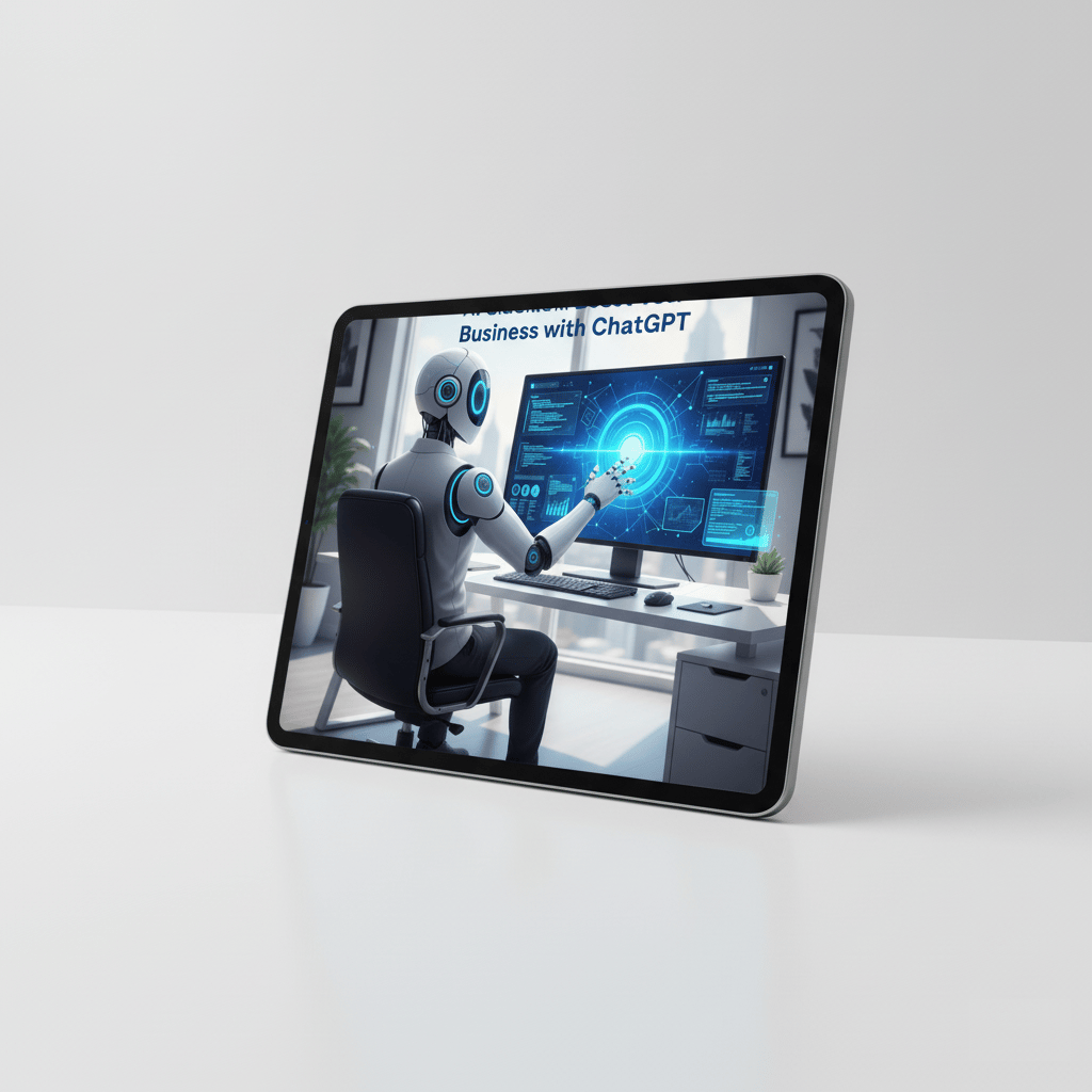 3D tablet mockup displaying AI Sidekick eBook on a clean white desk with tech accessories