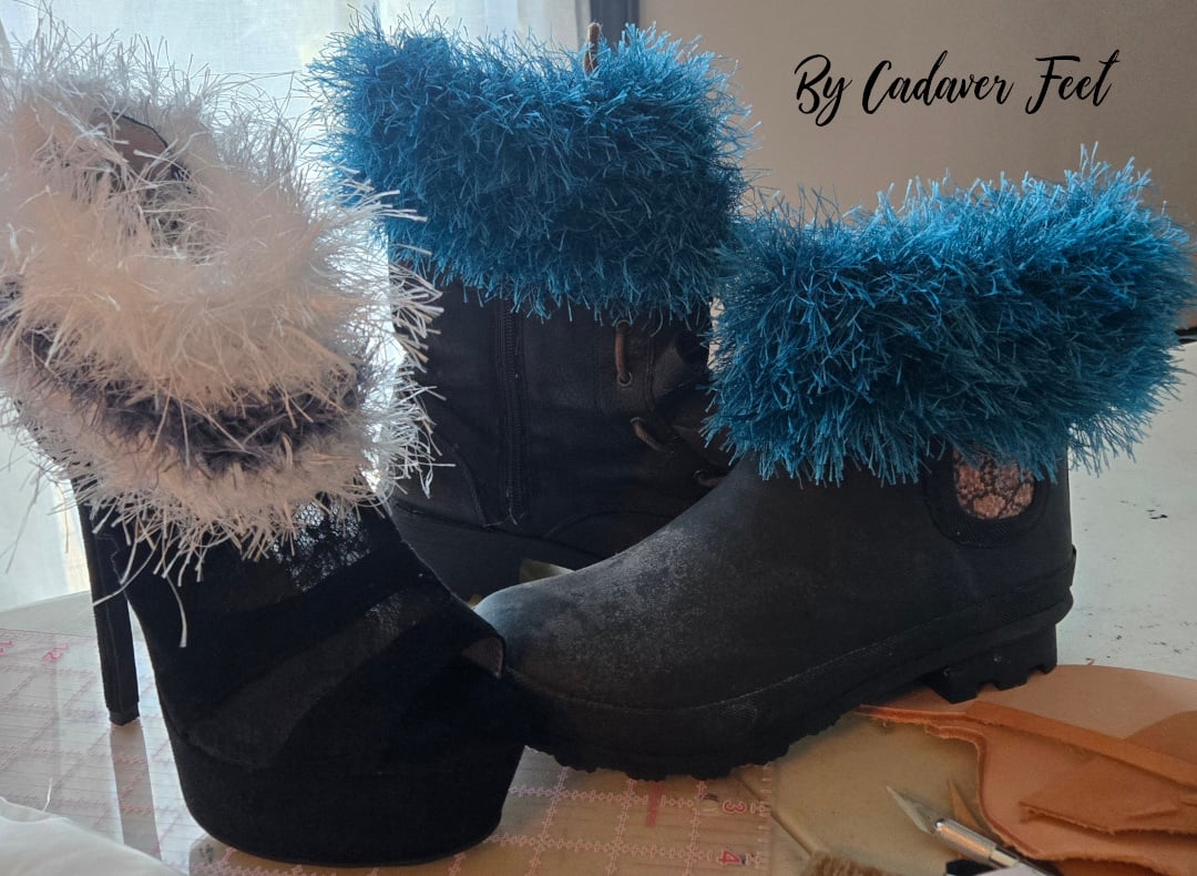 teal and white and grey boot toppers on a varity of shoes.