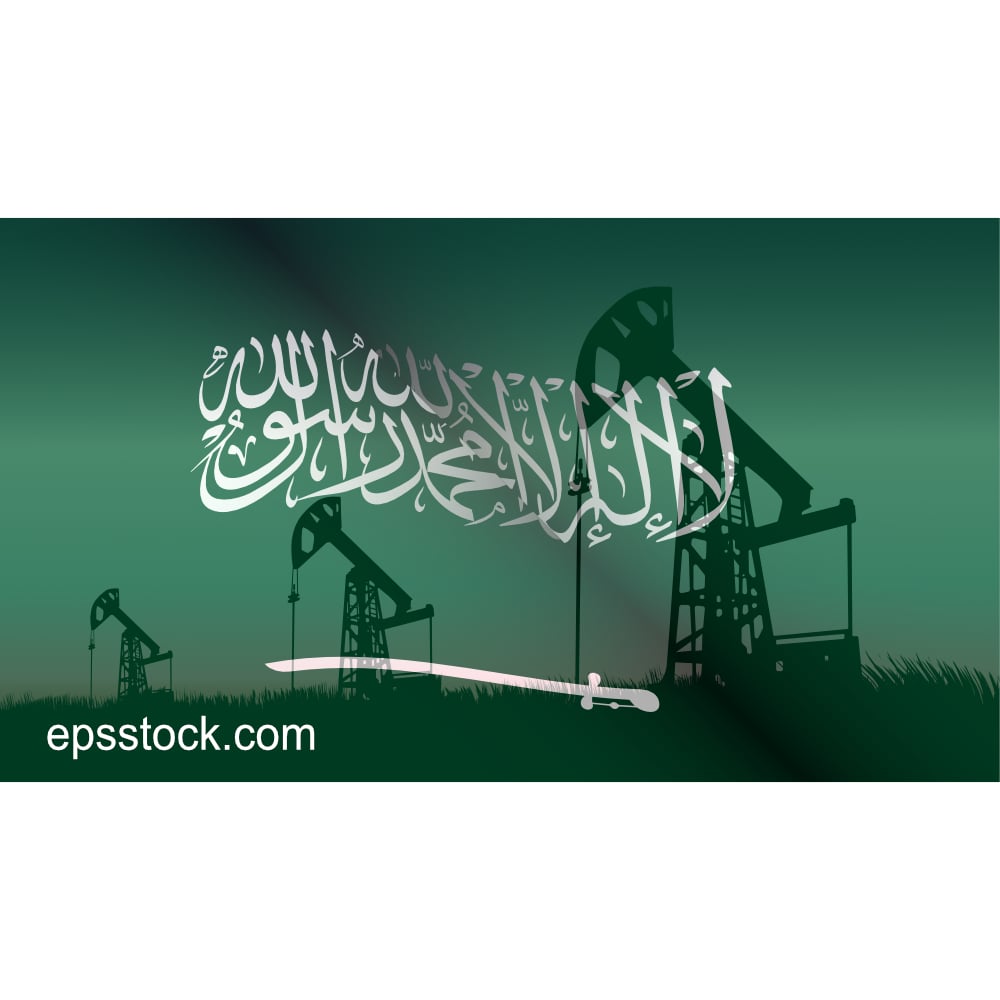 oil production in Saudi Arabia, oil pump on the background of the Saudi Arabia flag