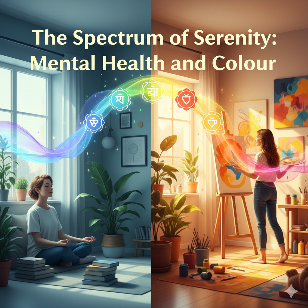 2 pictures in 1. First image a pale blue with a lady cross legged on the floor in meditation pose. Books stacked on the floor. A tall plant in each corner. The second picture in a vibrant hue of colour. A lady stood by the window, sunlight pouring in. She