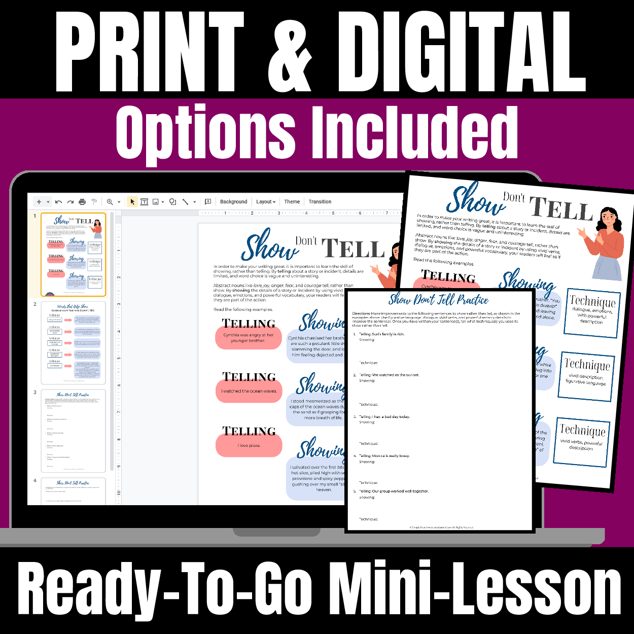 Show Don’t Tell Writing Mini-Lesson & Practice | Descriptive Writing, Grades 6–8