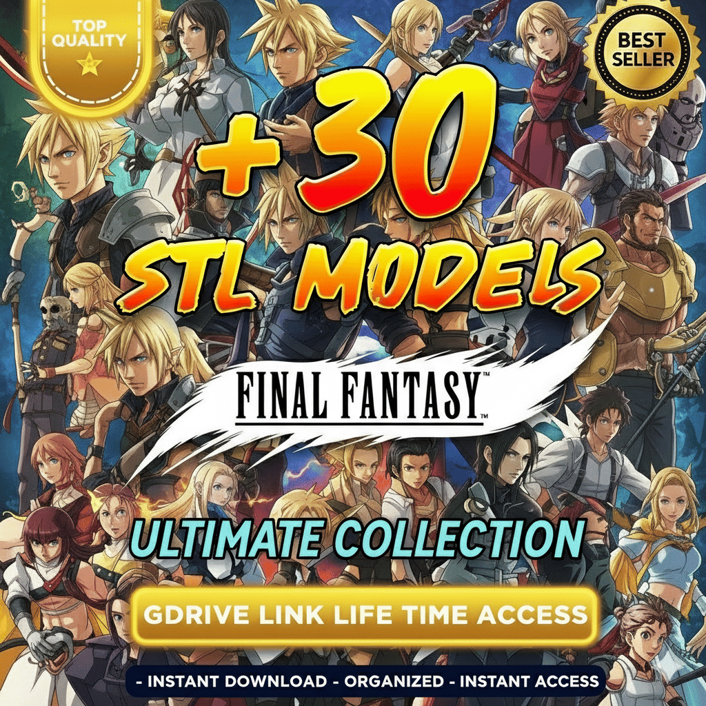 Final Fantasy STL Bundle – 3D printable gaming models of Cloud, Sephiroth, and Tifa – 30+ STL files with lifetime Google Drive access.