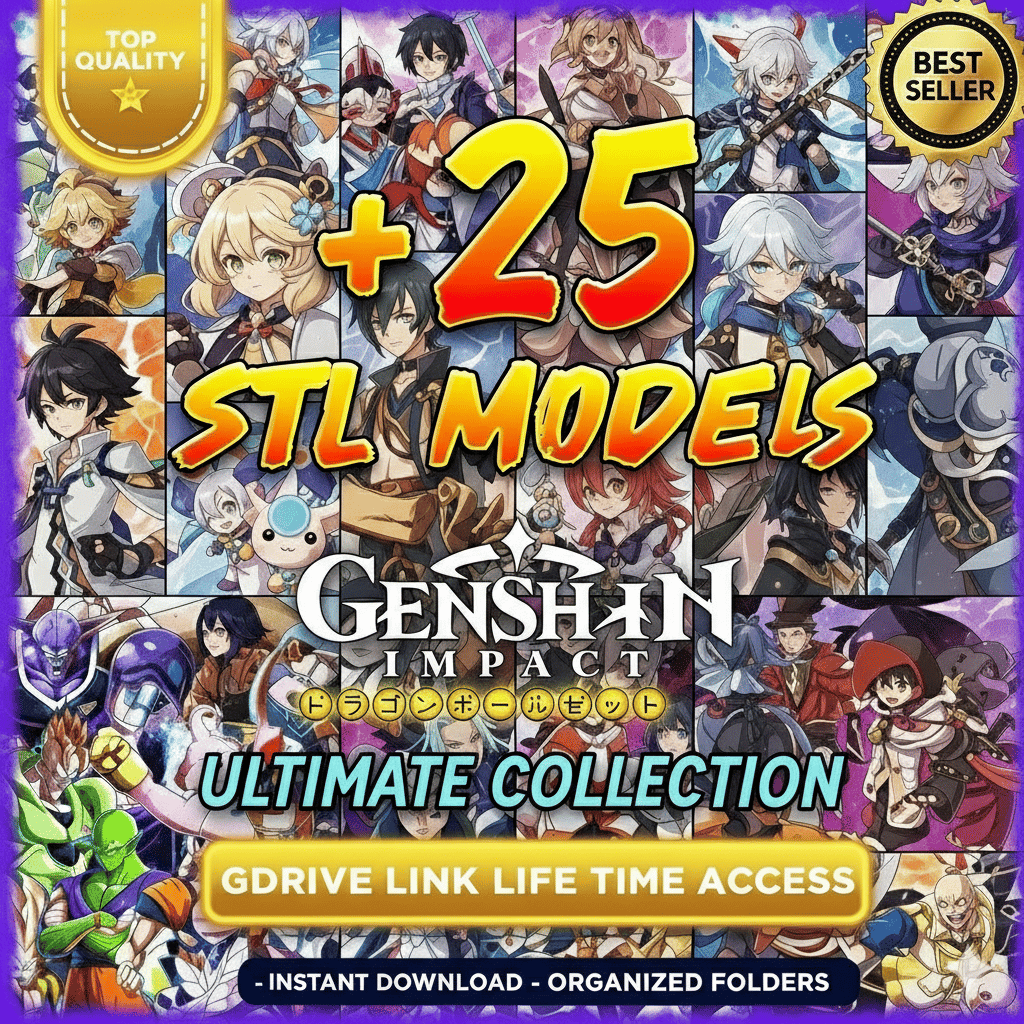 Genshin Impact STL Bundle – 25+ printable 3D models of Raiden, Zhongli, and Lumine – Lifetime Drive Access.