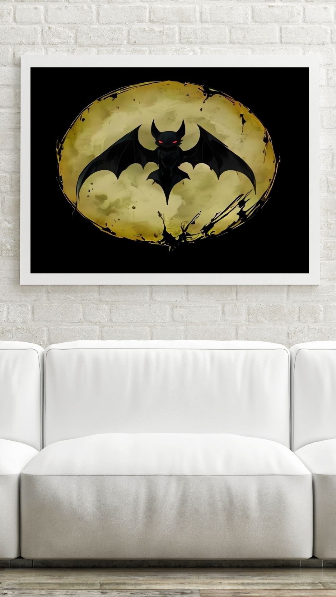 Dark gothic illustration of a black bat with glowing red eyes flying in front of a full yellow moon. The moon has a grungy, splattered texture with black edges, creating a spooky Halloween or fantasy night theme. Perfect for gothic art prints, Halloween d