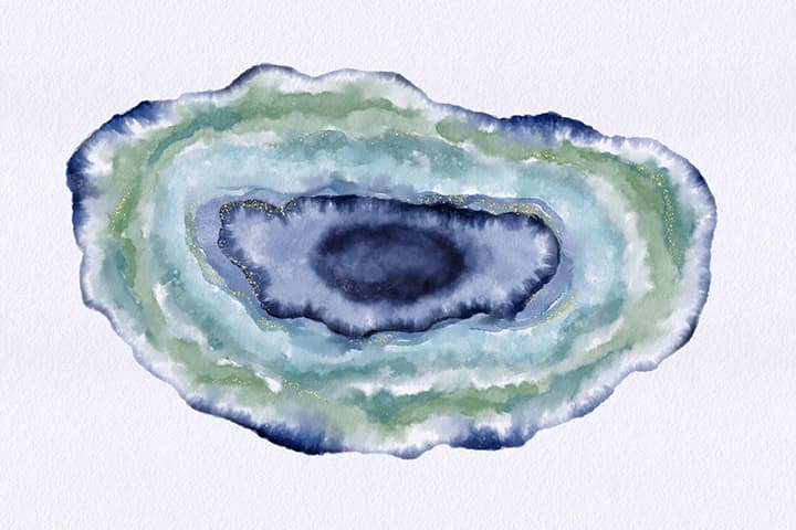a digital watercolor painting of a geode in blue and green made in the procreate app