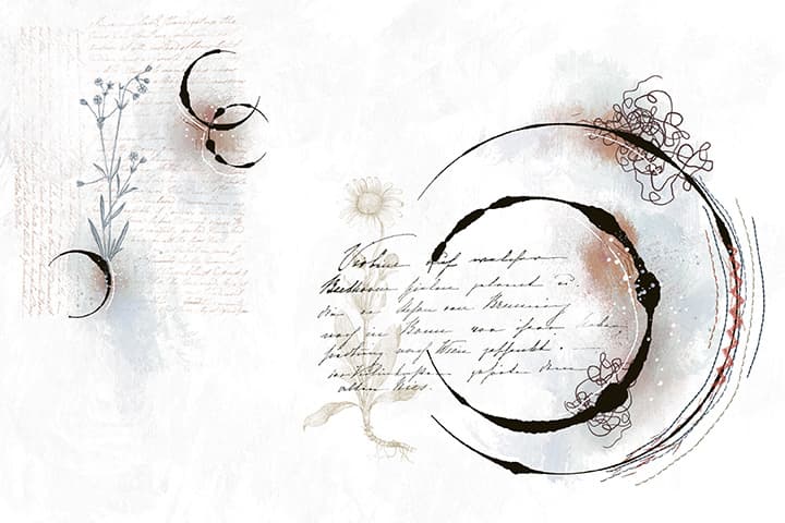 digital mixed media made in the procreate app with ink circles ephemera stamps and neutral colors