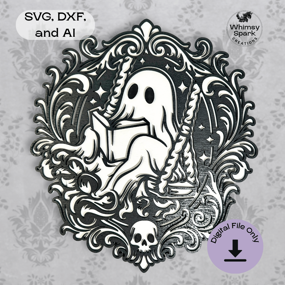Laser-cut gothic ghost reading a book on a swing inside an ornate baroque frame — elegant spooky decor for dark academia and haunted home lovers.