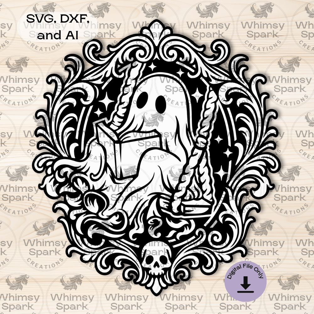 Laser-cut gothic ghost reading a book on a swing inside an ornate baroque frame — elegant spooky decor for dark academia and haunted home lovers.