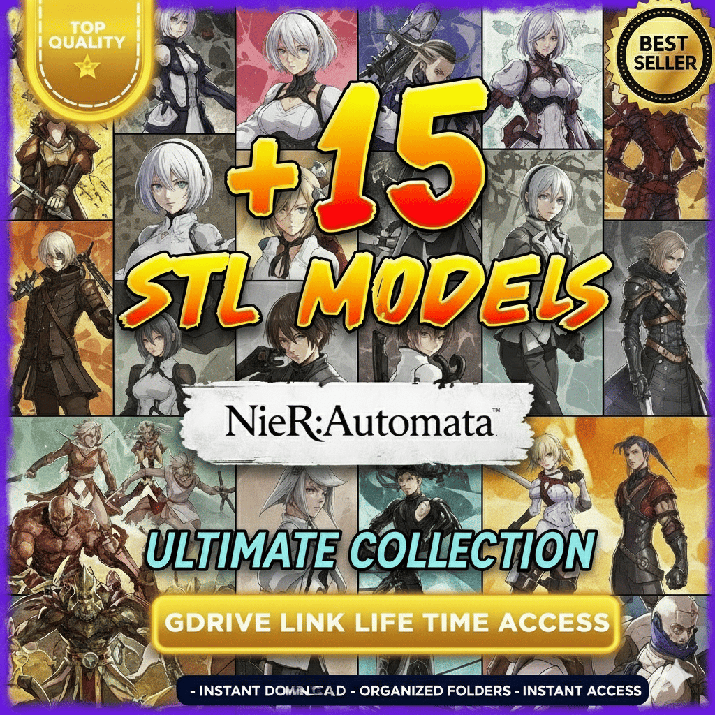 Nier Automata STL Bundle – 15+ 3D printable models including 2B and 9S – Lifetime Drive Access.