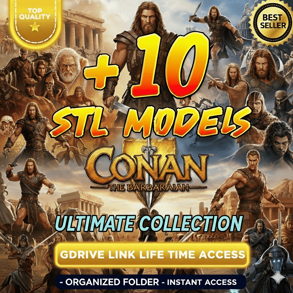 Conan The Barbarian STL Bundle – 10+ STL Models 3D printable models of Conan, swords and diorama parts – Lifetime Google Drive access.