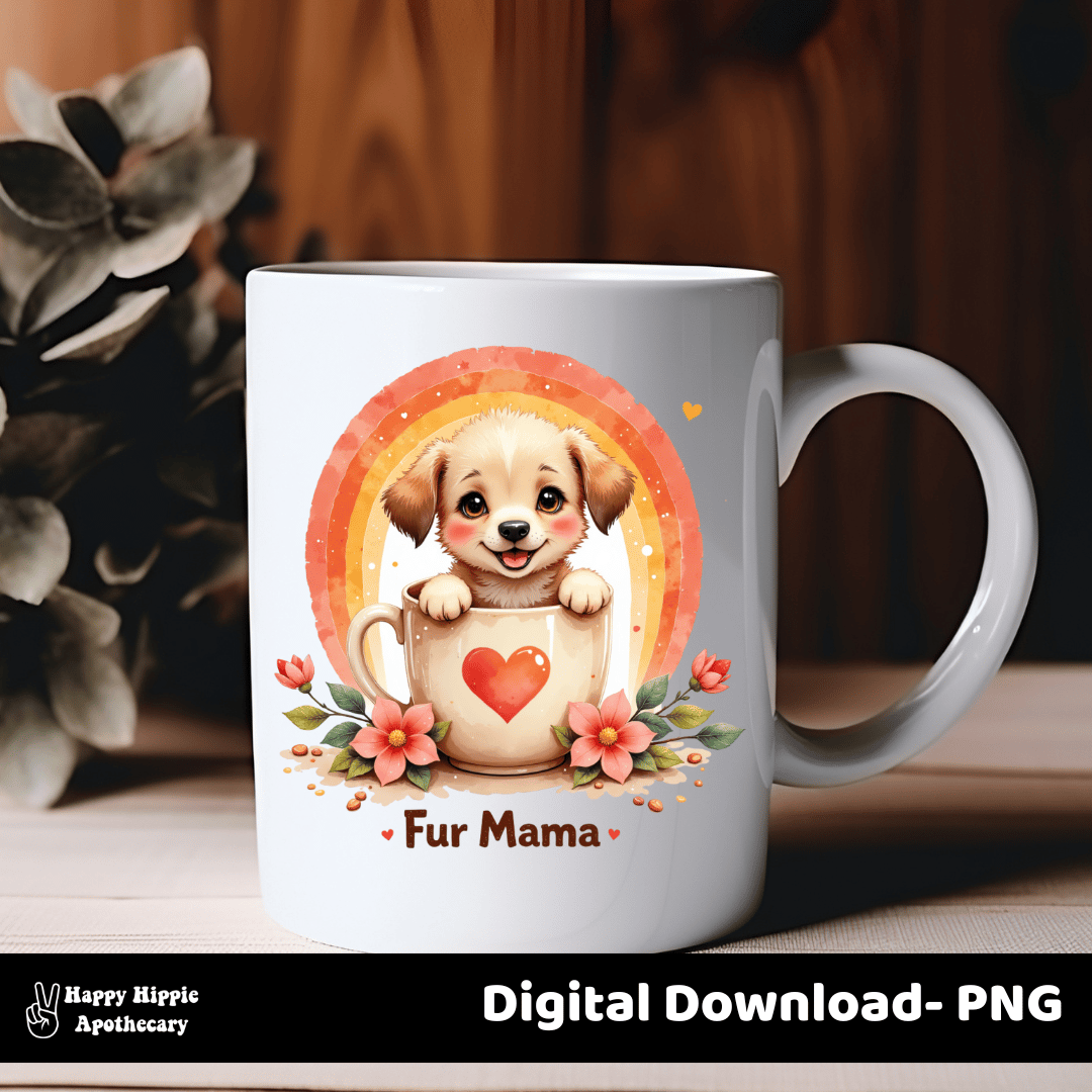 Mockup of the “Fur Mama” puppy PNG design printed on a white ceramic mug, showing the dog in a heart mug with flowers and retro rainbow.