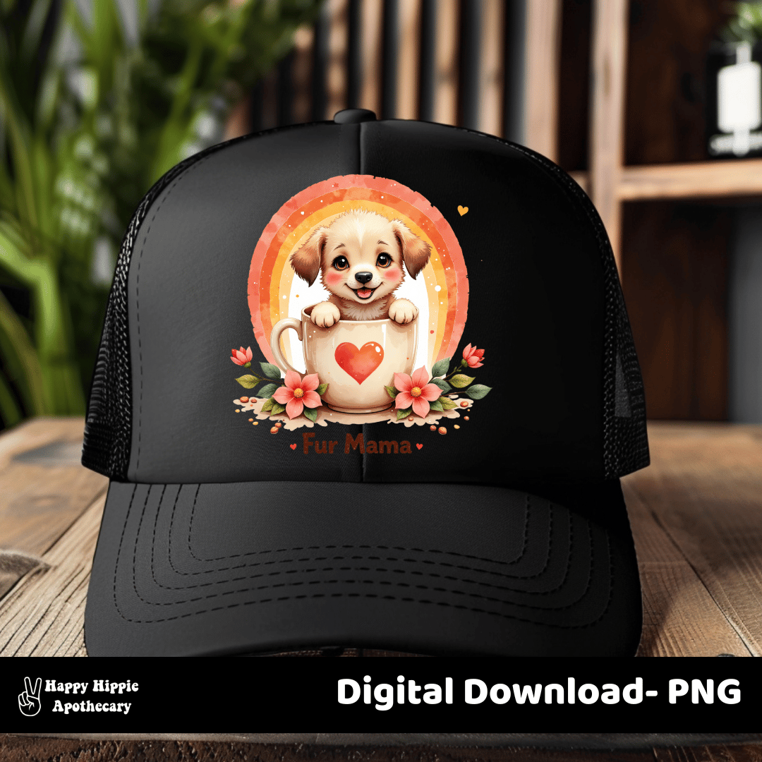 Mockup of the “Fur Mama” puppy PNG on a black trucker hat, showcasing the cute dog in a heart mug with floral and rainbow design.