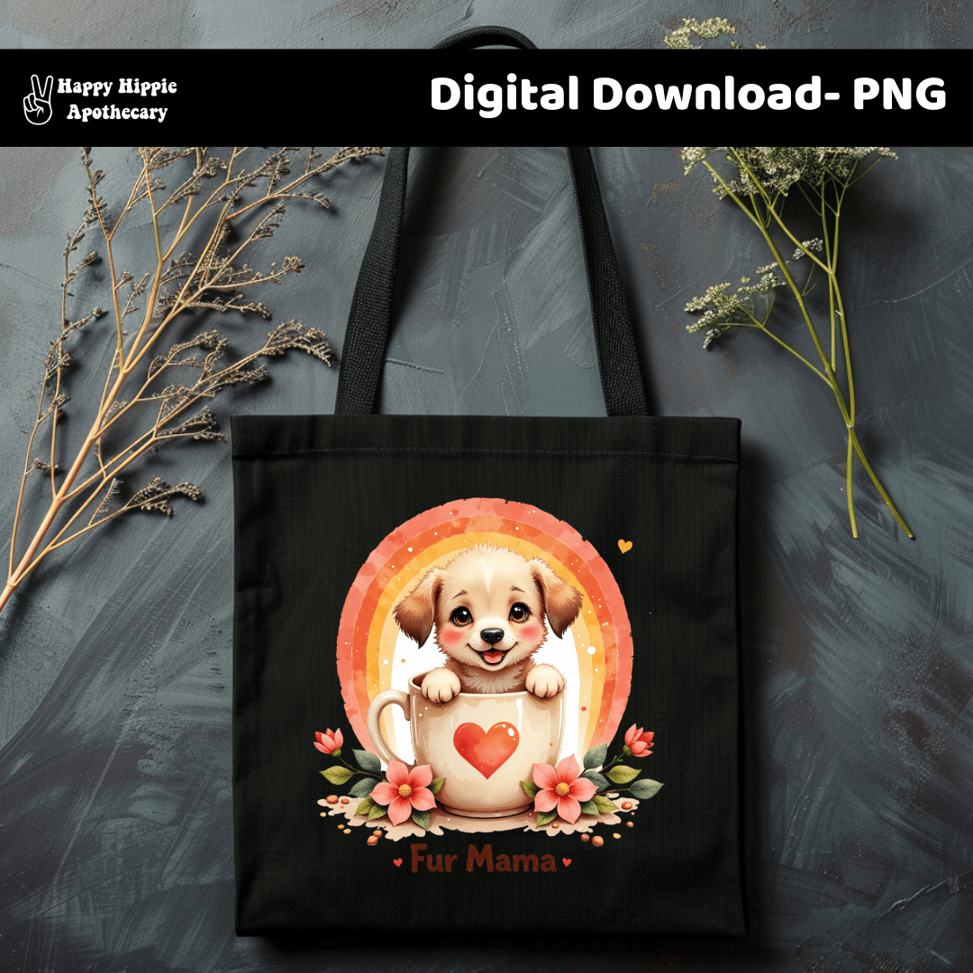 Mockup of the “Fur Mama” puppy PNG displayed on a black tote bag, showing a cute dog in a heart mug with floral accents and retro rainbow background.