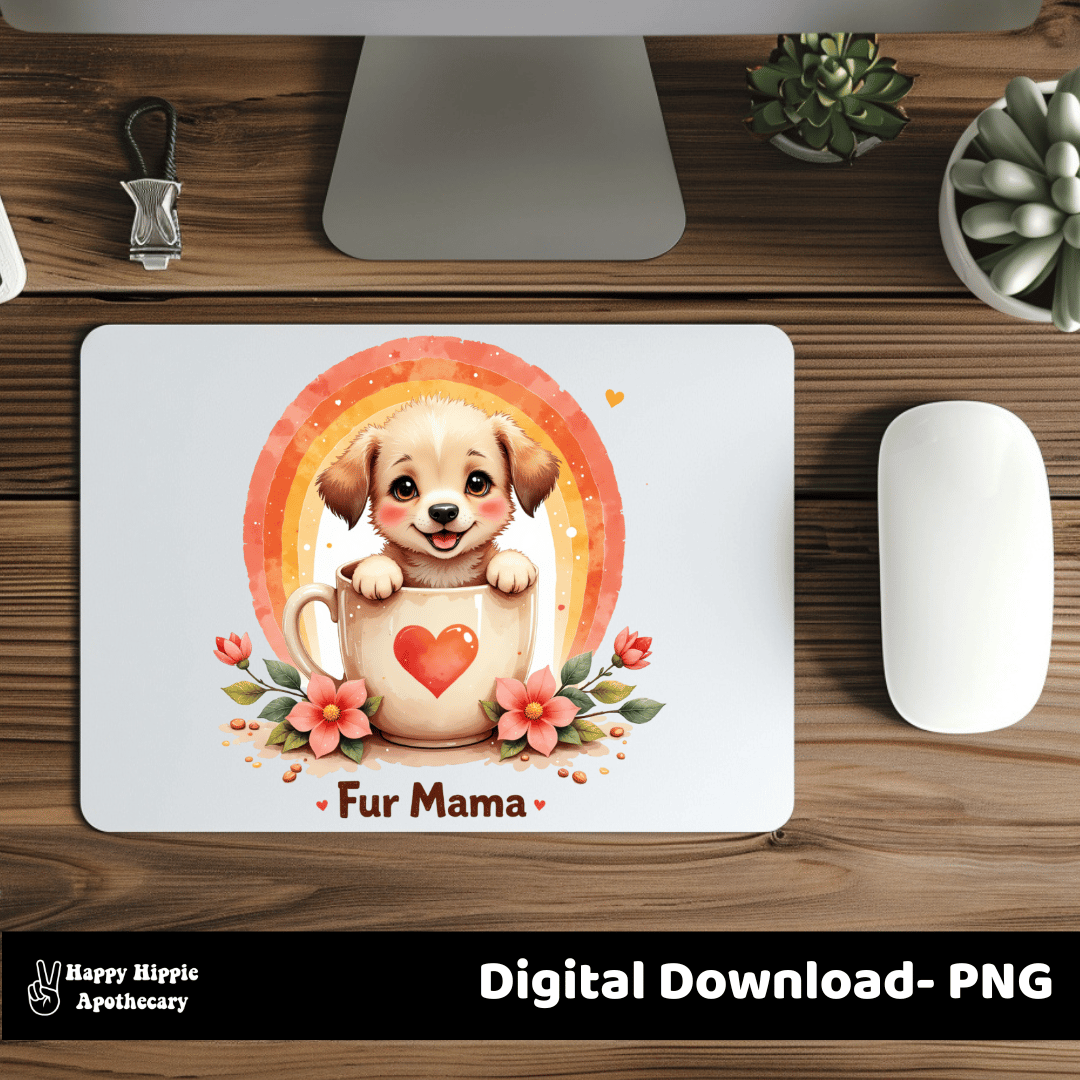 Mockup of the “Fur Mama” puppy PNG on a white mousepad, featuring a cute dog in a mug with flowers and an orange rainbow background.