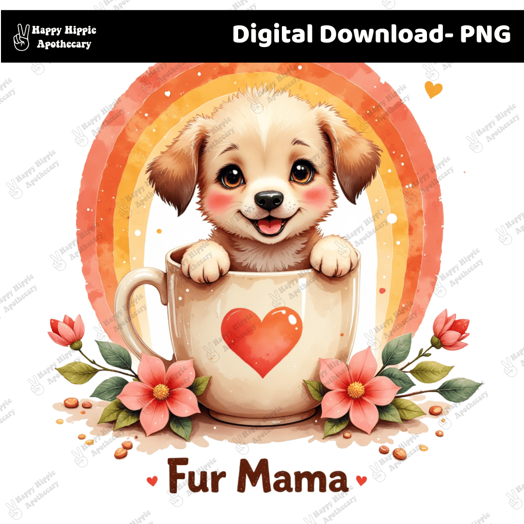 Close-up preview of the “Fur Mama” puppy PNG graphic featuring a smiling dog inside a mug with a heart, flowers, and an orange retro rainbow.
