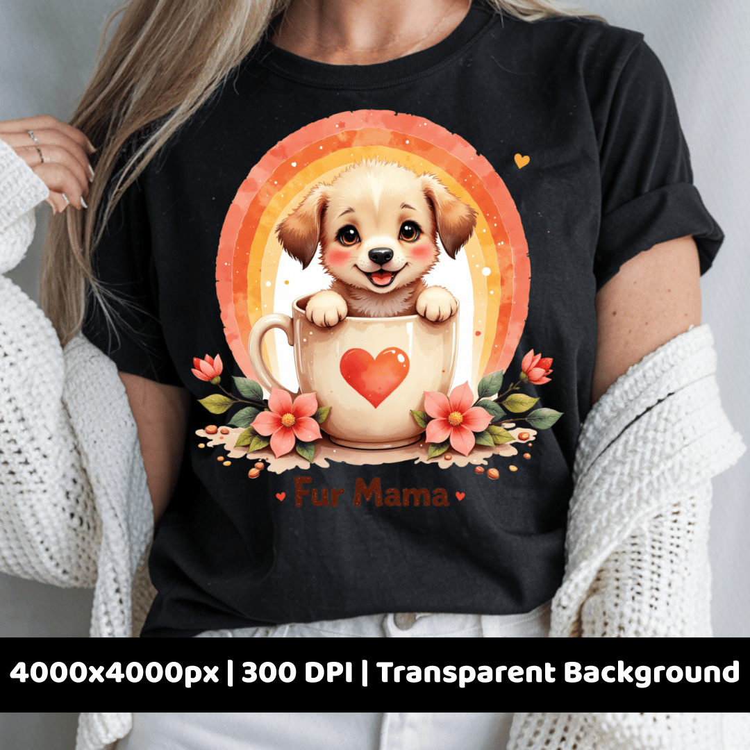 Mockup of the “Fur Mama” puppy PNG on a black t-shirt worn by a woman, showing the dog in a mug with flowers and retro rainbow.
