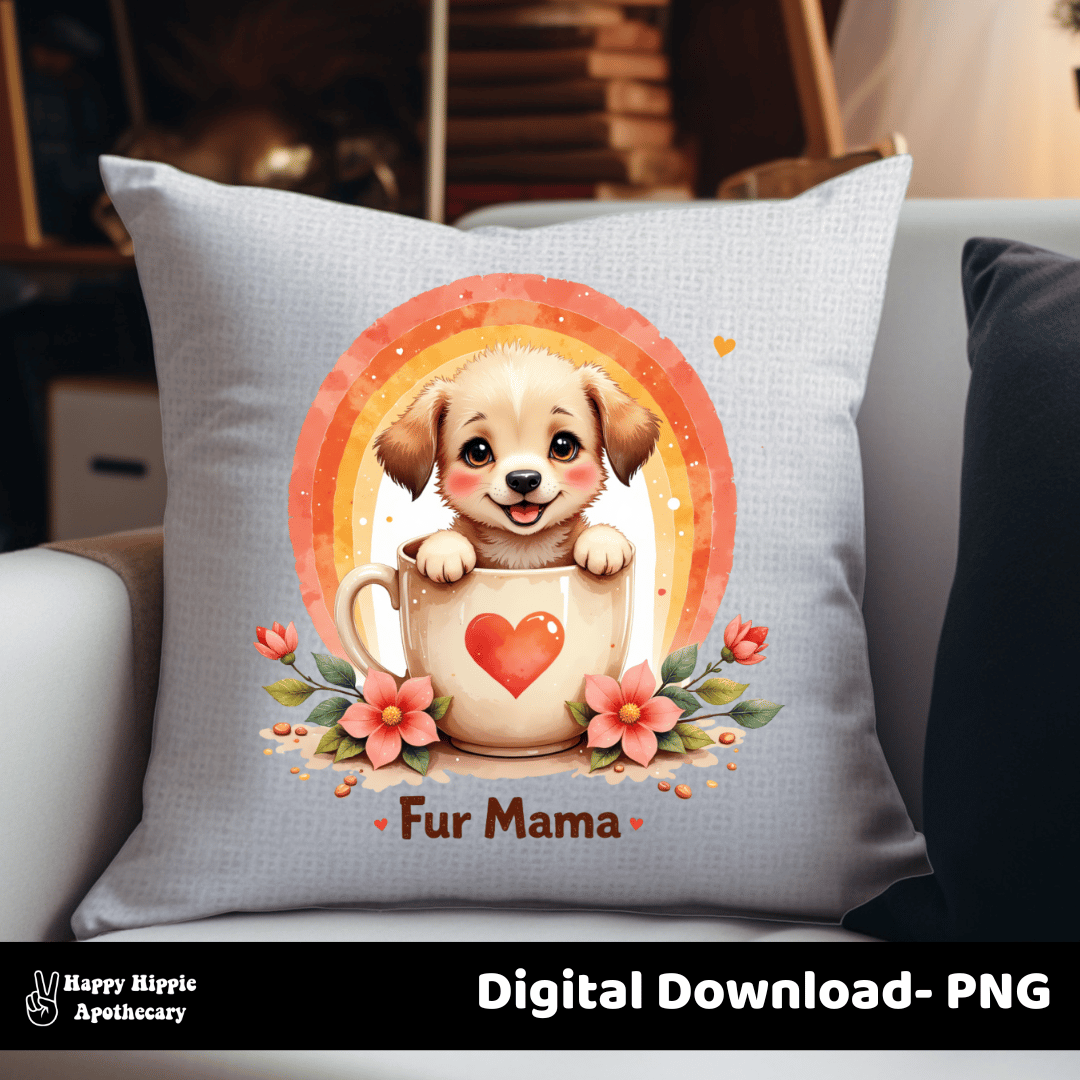 Mockup of the “Fur Mama” puppy PNG printed on a white throw pillow, featuring a cute dog in a mug, flowers, and a retro rainbow.