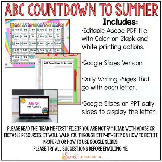 Editable ABC Countdown to Summer Activity Calendar Writing Pages End of Year