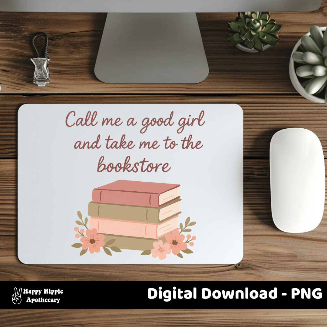 Flat lay of mouse pad on wood desk printed with romantic reading quote and vintage book stack graphic. Ideal for book lovers, BookTok fans, and cozy workspace decor.
