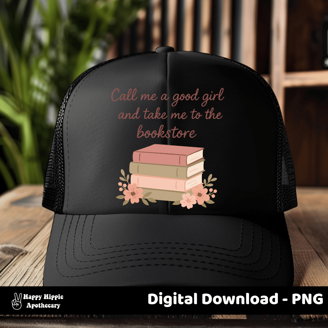 Black mesh trucker hat featuring a trendy BookTok graphic with pink and olive books and floral details, designed for bookish sublimation projects and cozy reader merch.