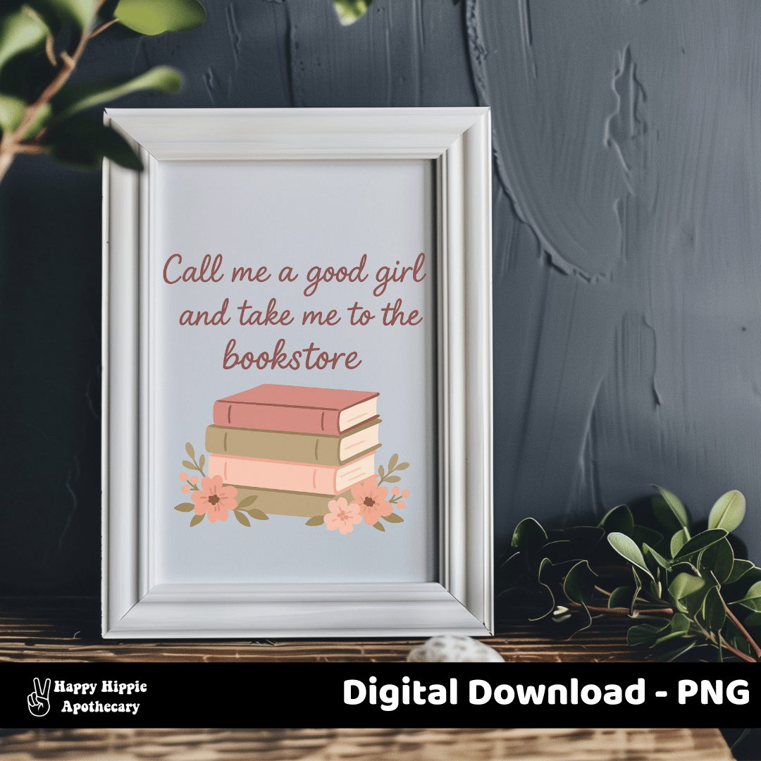 Minimalist white frame on dark background displaying BookTok-themed artwork with books, flowers, and bookstore quote. Perfect for digital wall art or bookish home decor.