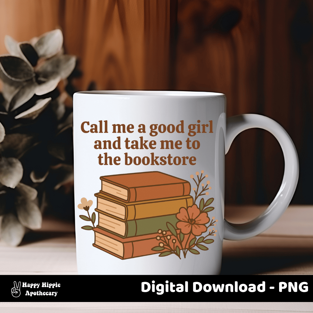 White ceramic mug featuring a retro bookstore PNG with orange, olive, and mustard book stack design. Perfect for BookTok fans, romantasy lovers, and vintage reader merch.