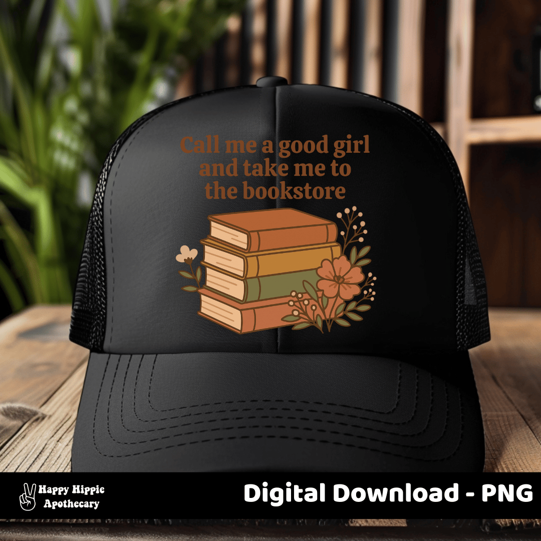 Black mesh trucker hat printed with bold retro bookstore quote design. Features a stacked book graphic with vintage colors. Great for BookTok girlies and romantasy fans.
