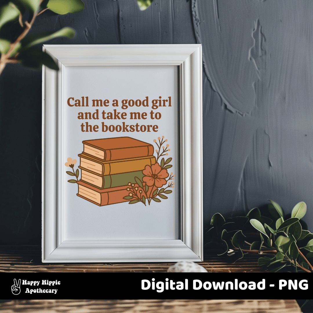 White frame on dark background displaying retro floral bookstore PNG design with warm fall tones and serif font. Perfect for printable wall art and reading-themed decor.