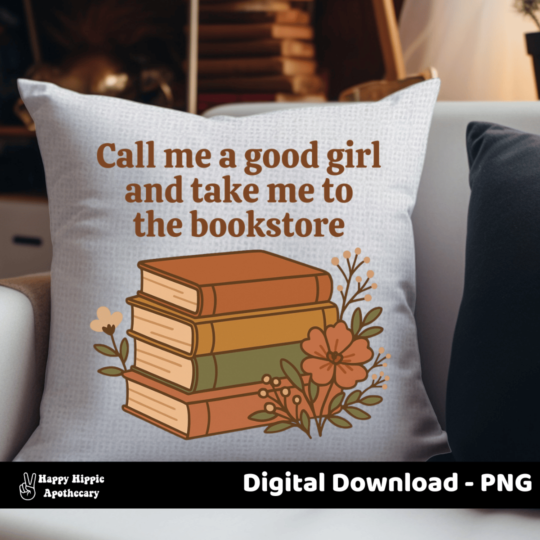 hrow pillow with vintage bookstore quote PNG featuring warm earth tones and bold serif font. Perfect for cozy reading nooks, bedroom decor, or bookish gifts.