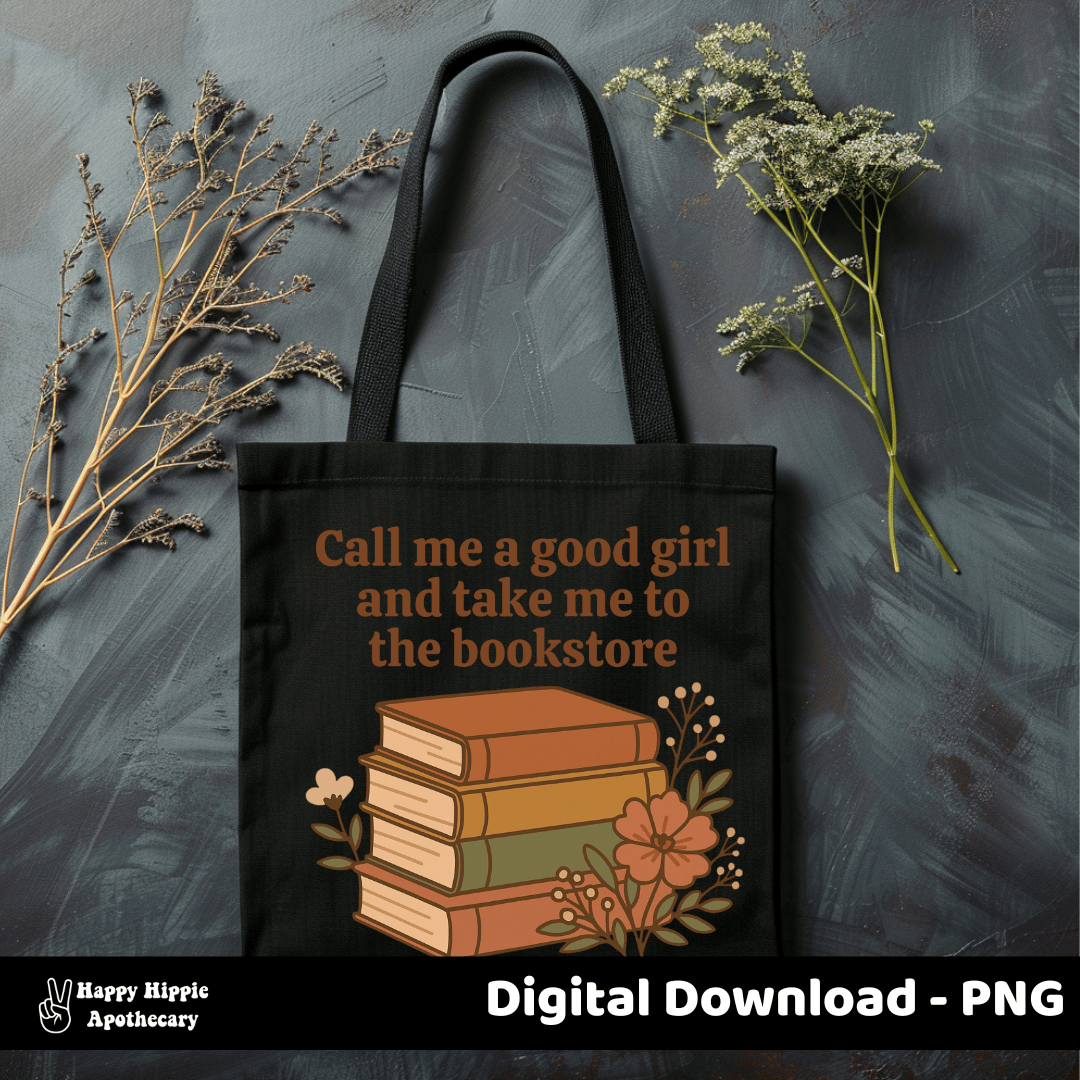 Black tote bag with vintage BookTok quote graphic in earthy tones. Features a bold retro font and floral stack of books. Great for sublimation or POD products for book lovers.
