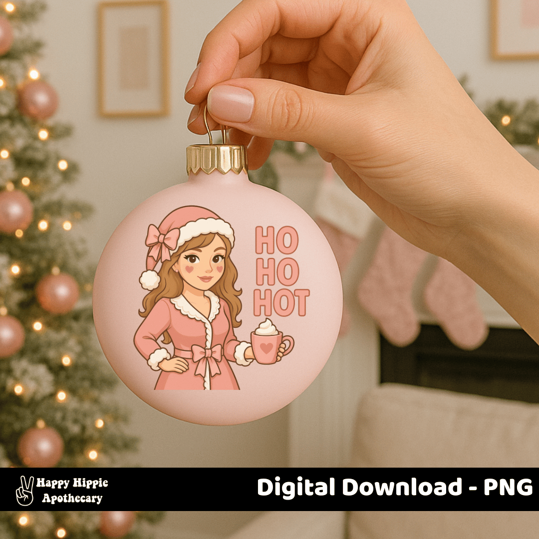 Pink Christmas ornament with croquette-style girl clipart – festive coquette PNG design for sublimation, holiday crafts, and printables