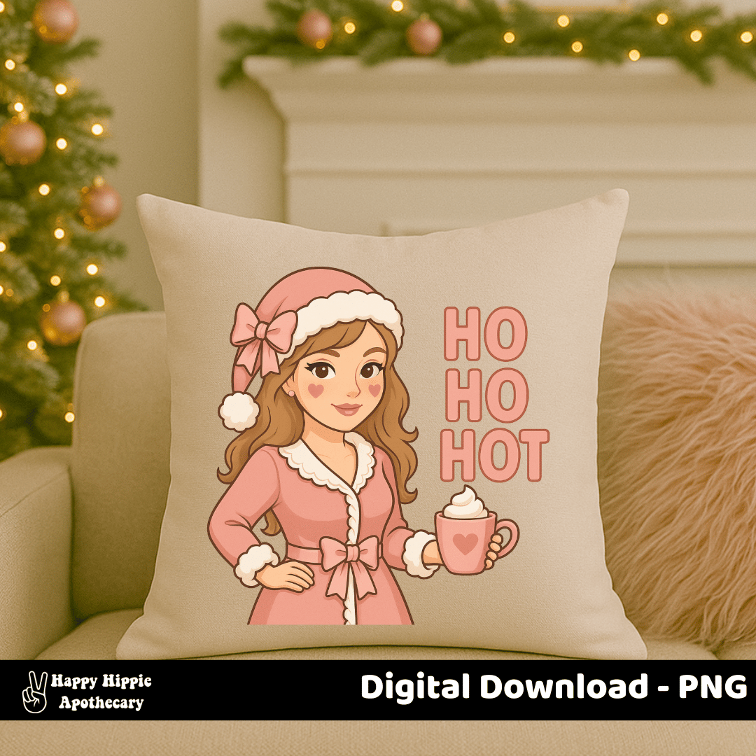 Holiday throw pillow mockup with croquette-core Christmas girl PNG – pastel pink design for sublimation or home decor projects