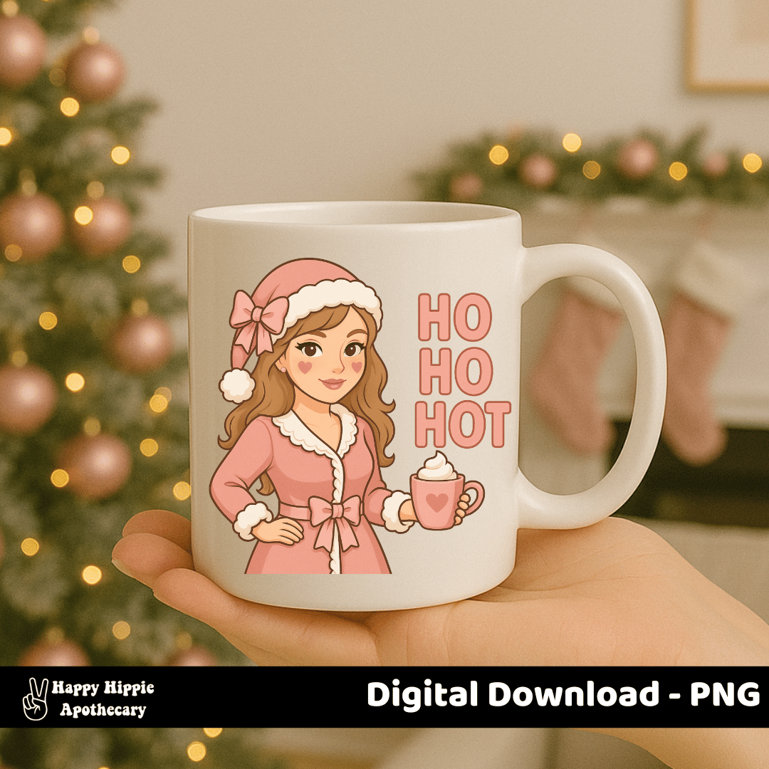 Christmas mug with croquette girl PNG – pink coquette-core digital download for hot cocoa mugs, featuring retro holiday aesthetic and cute design