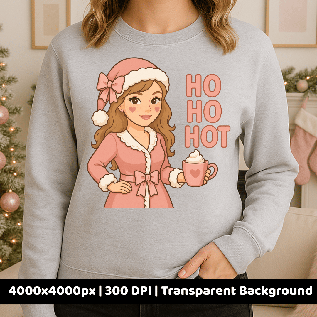Croquette Christmas girl PNG on light gray sweatshirt – sublimation design featuring pink holiday outfit and cocoa mug, perfect for cozy winter apparel