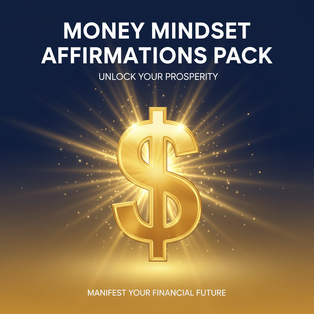 •	"Digital book cover showing golden dollar sign and positive money affirmations"