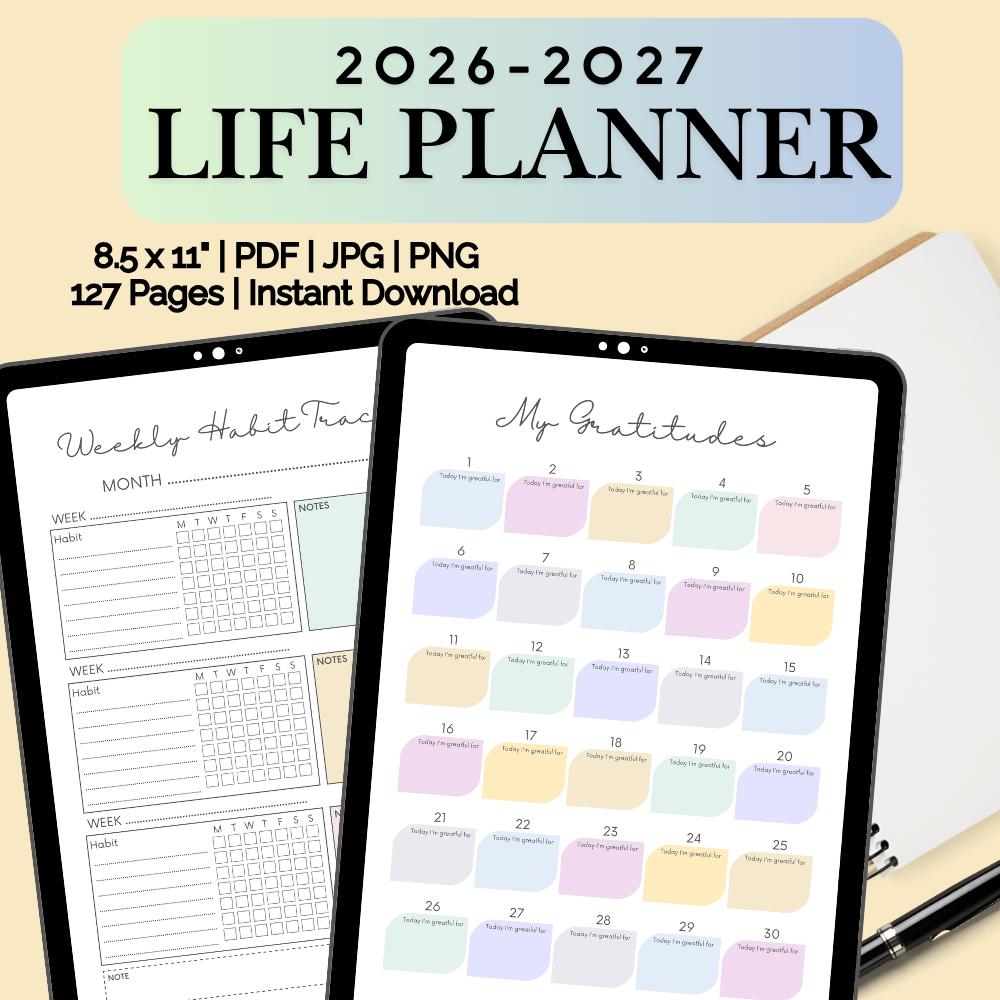 Productivity pages featuring annual overview, goals, and priorities matrix.