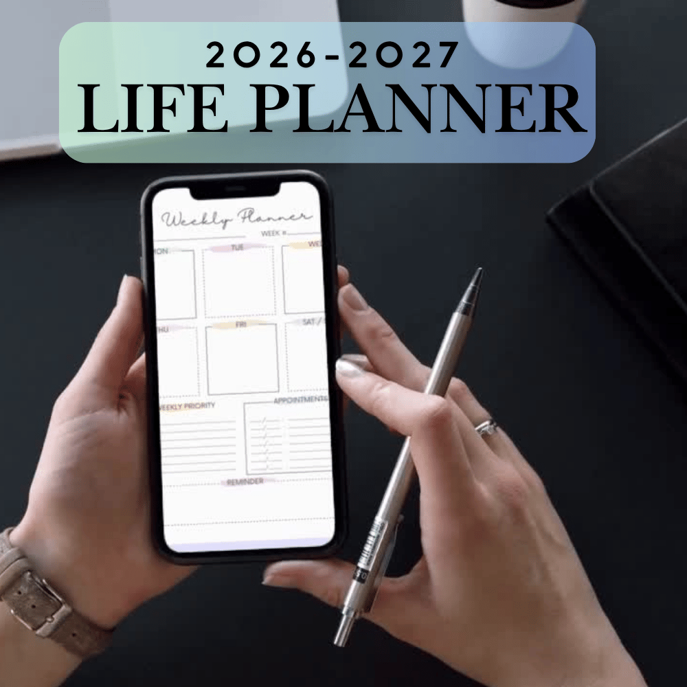 Habit tracker and mood tracker sheets in minimalist blue and white theme.