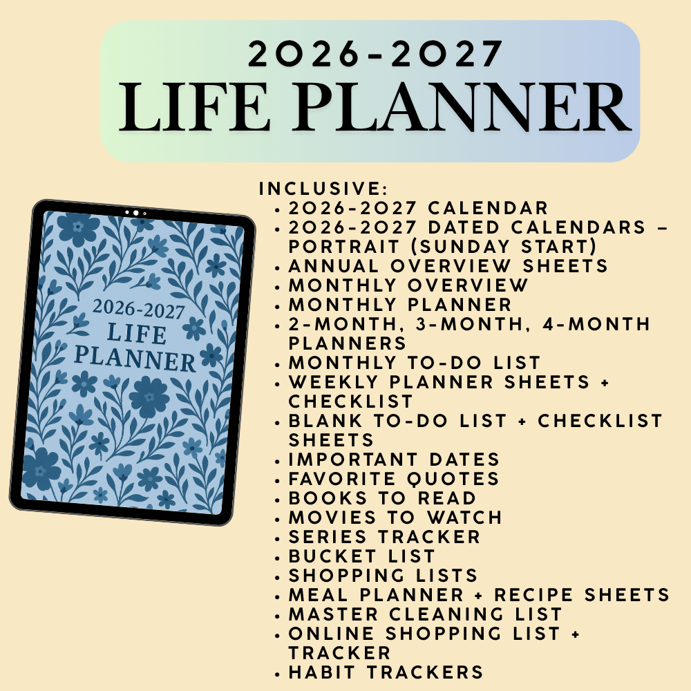 2026–2027 Life Planner cover in elegant blue floral design, printable and digital format.