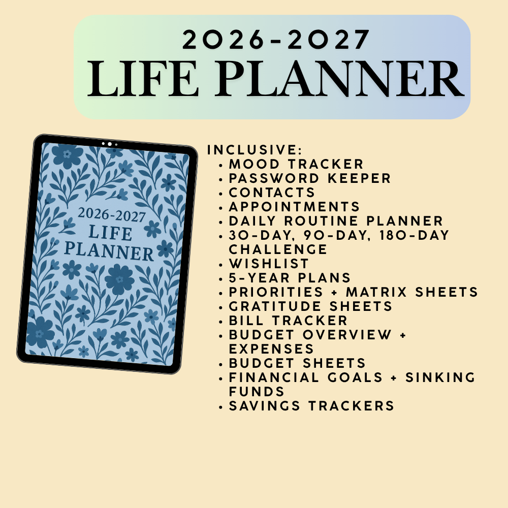 Flat-lay mockup of All-in-One Life Planner showing dated 2026–2027 monthly calendars.