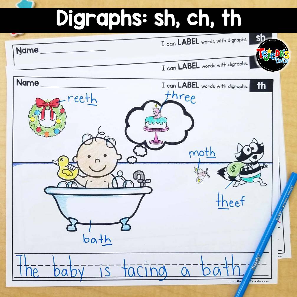 Labeling Pictures Kindergarten 1st Grade | PHONICS Writing Paper CVC Digraphs
