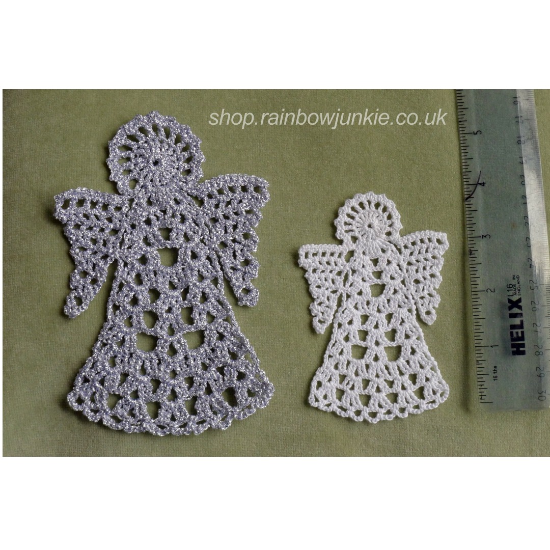 Two angel bookmarks: one made in silver yarn and one made in white thread to show difference in size.