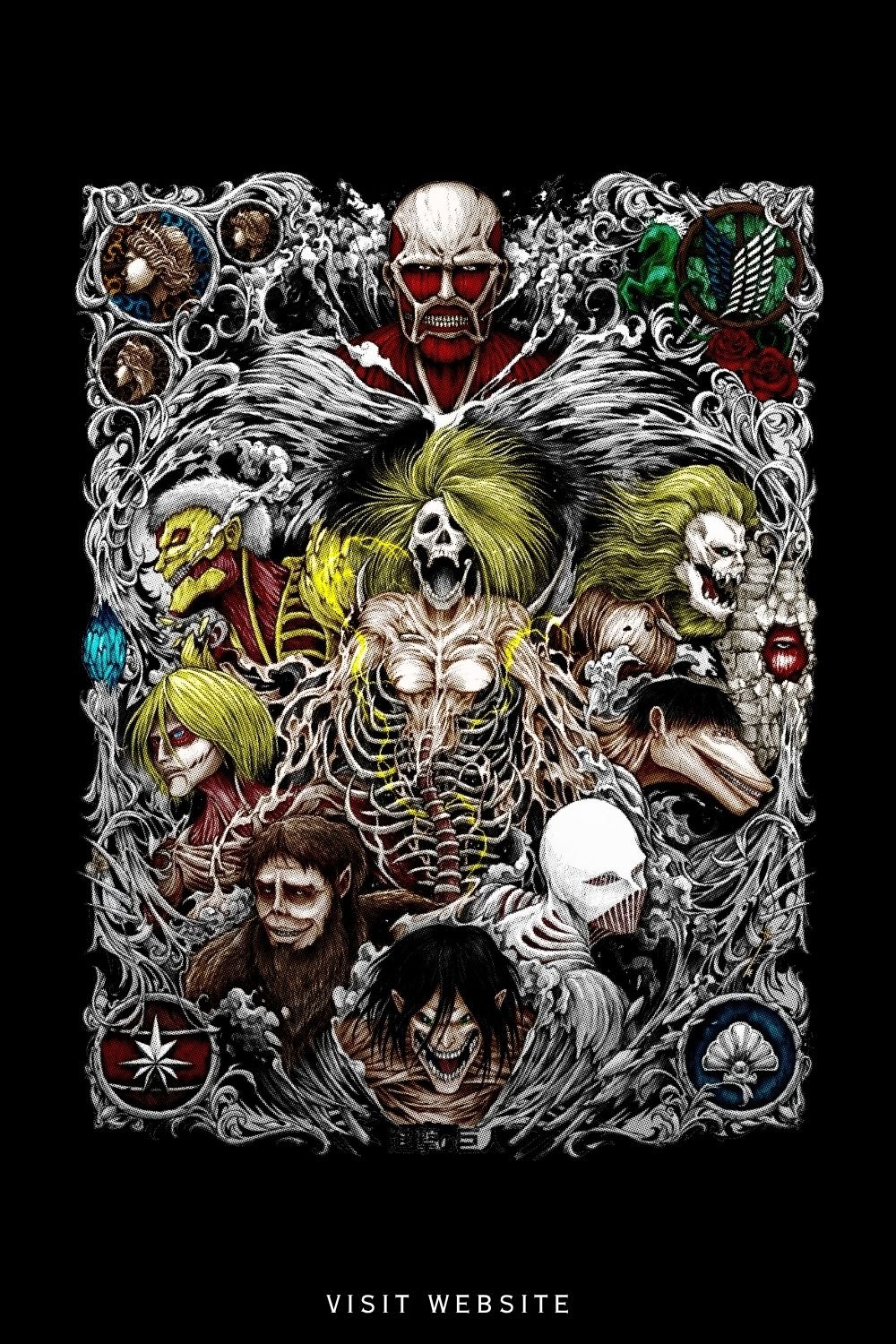 Detailed Attack on Titan titans collage artwork on black background — anime t-shirt design, digital download, printable PNG, streetwear aesthetic.
