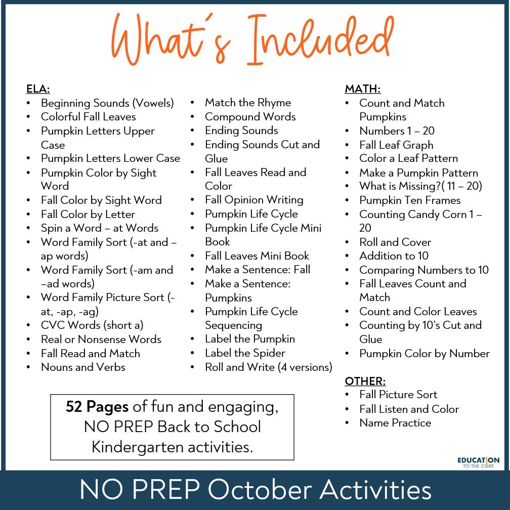 October No Prep Packet for Kindergarten | Halloween | Pumpkins