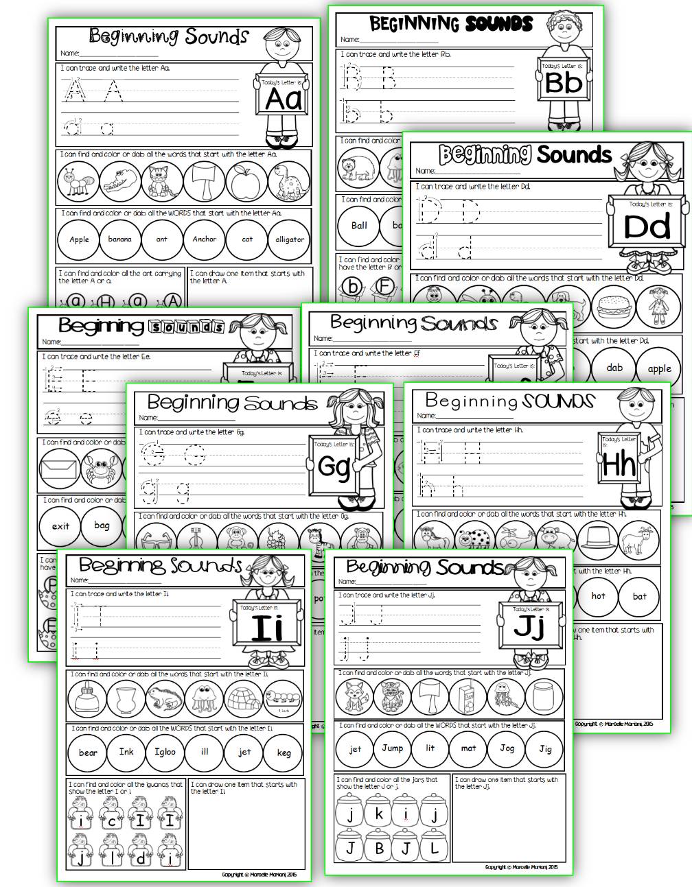 Alphabet BEGINNING SOUNDS WORKSHEETS- Letter Recognition & Identification