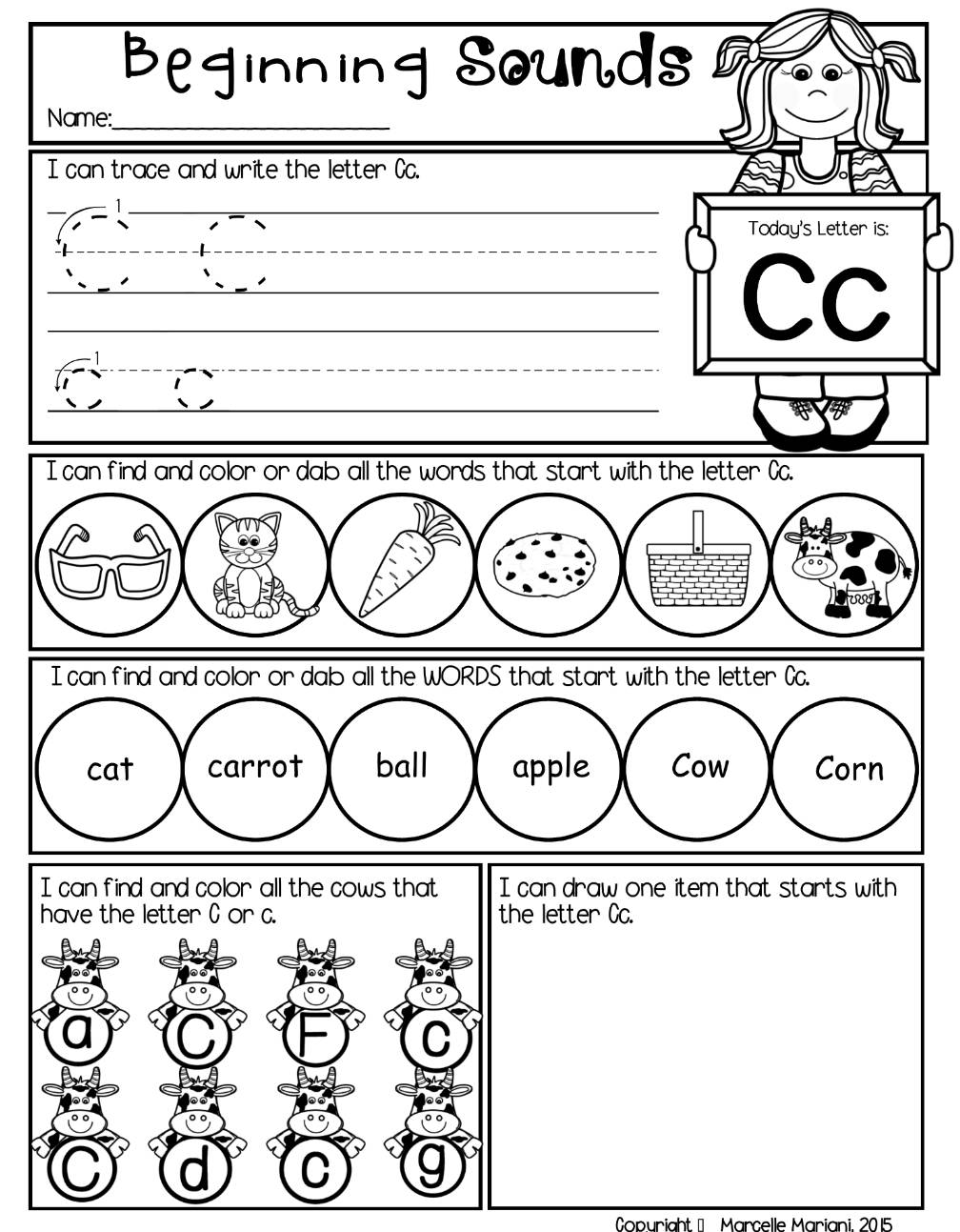 Alphabet BEGINNING SOUNDS WORKSHEETS- Letter Recognition & Identification