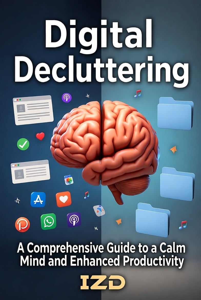 "Digital Decluttering book cover with glowing brain and organized icons"