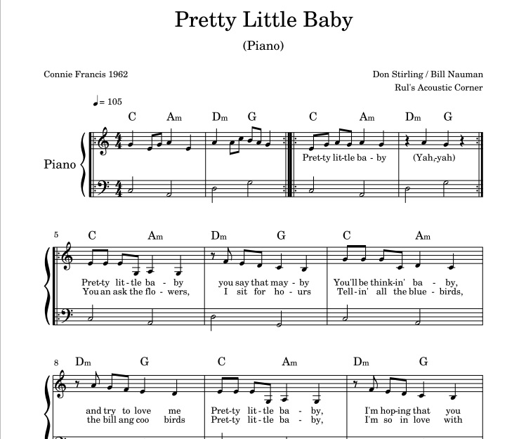 Connie Francis - Pretty Little Baby Easy Piano Sheet Musical Notes