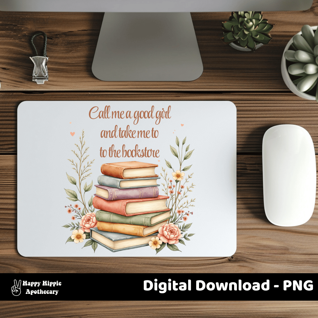 Book lover mousepad with floral book stack PNG and romantic reader quote. Cozy office accessory for readers and BookTok fans.  Image 7 (Mug Mockup):