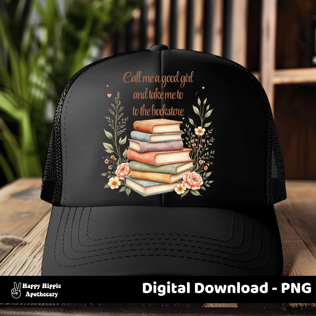 Black trucker hat mockup with BookTok-inspired floral book stack PNG and bookstore quote design. Cute accessory for readers and book lovers.